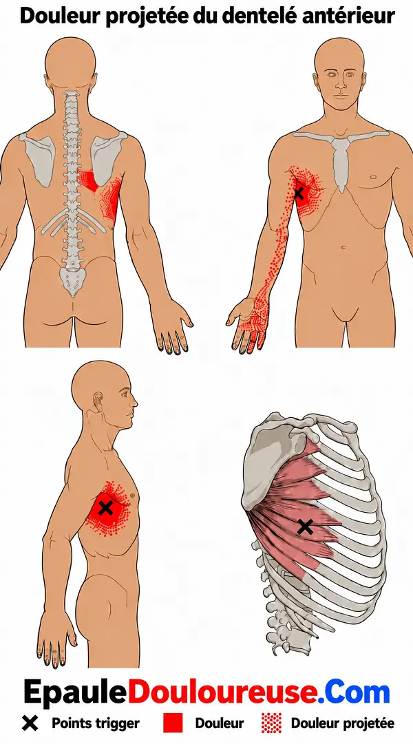 Points trigger du dentelé antérieur et zones possibles de douleur projetée