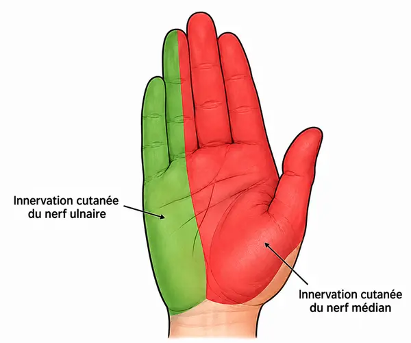 Zones sensitives des nerfs médian et ulnaire dans la main